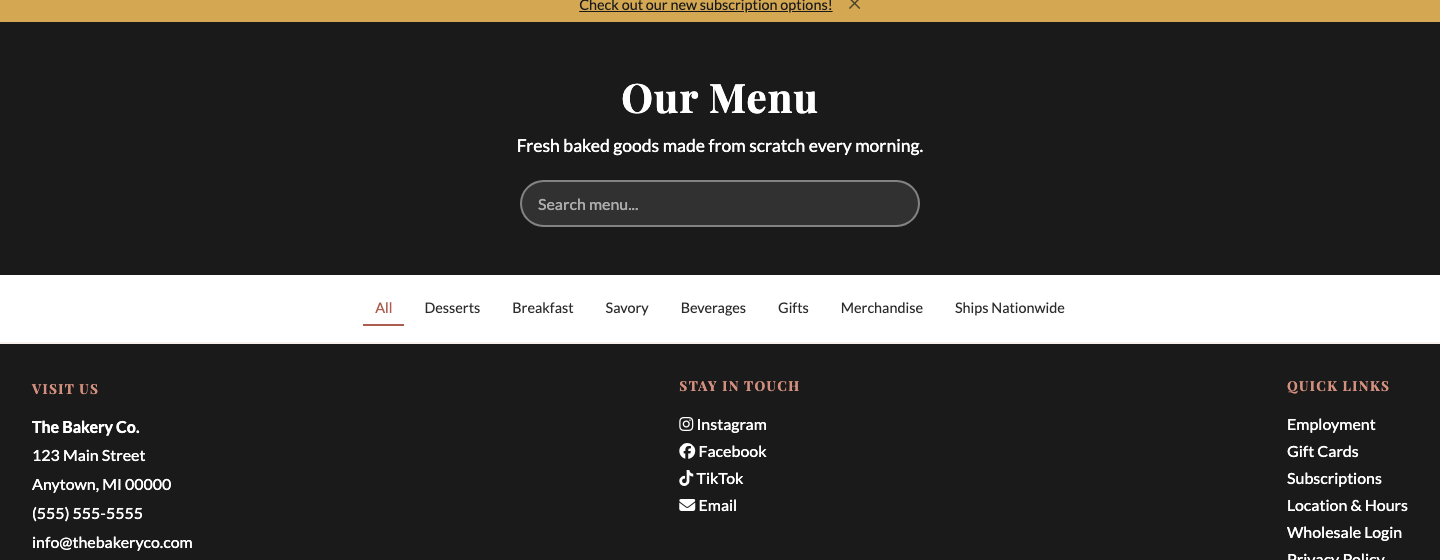 Menu page with category filter