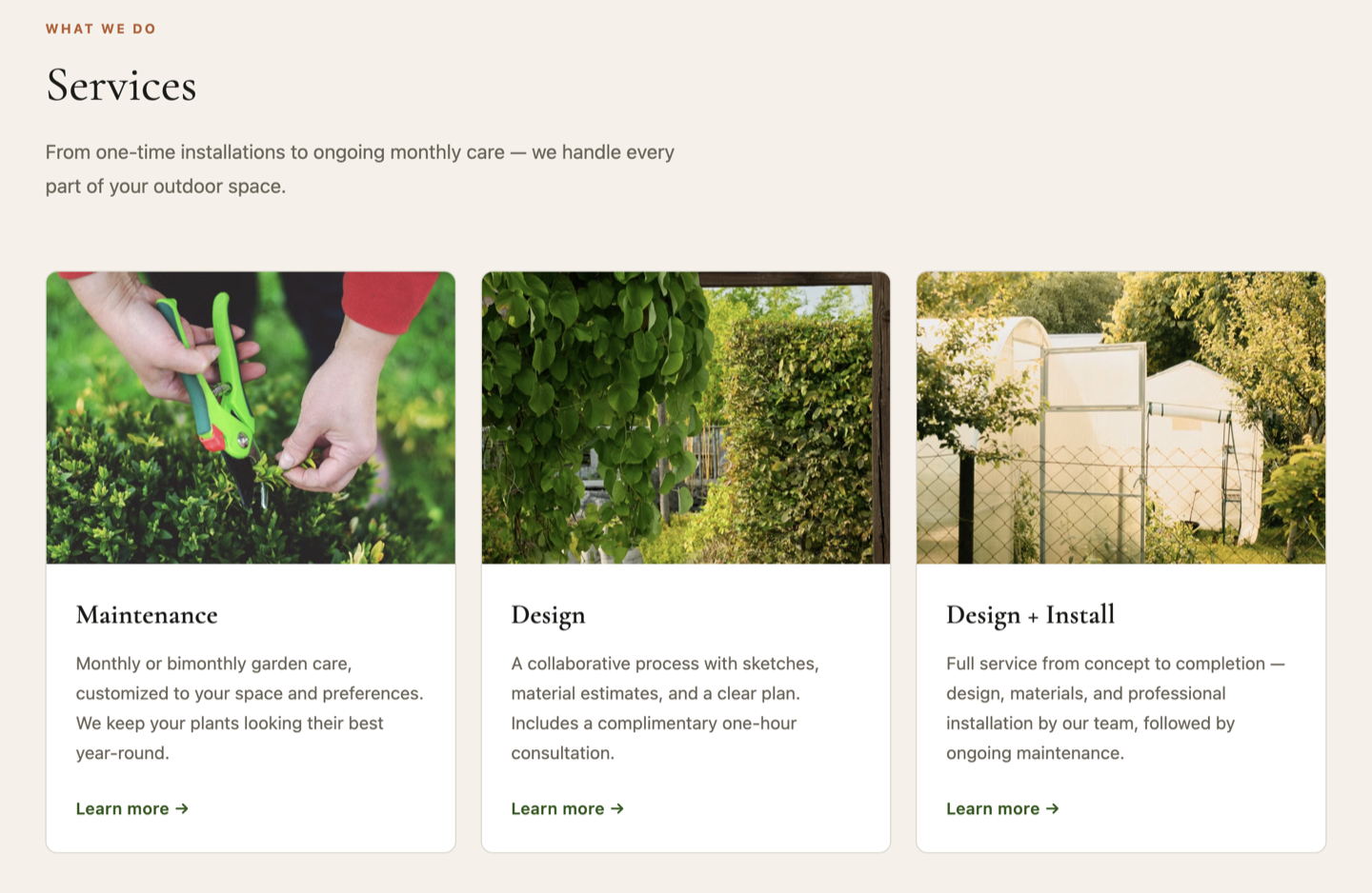Services page with descriptions