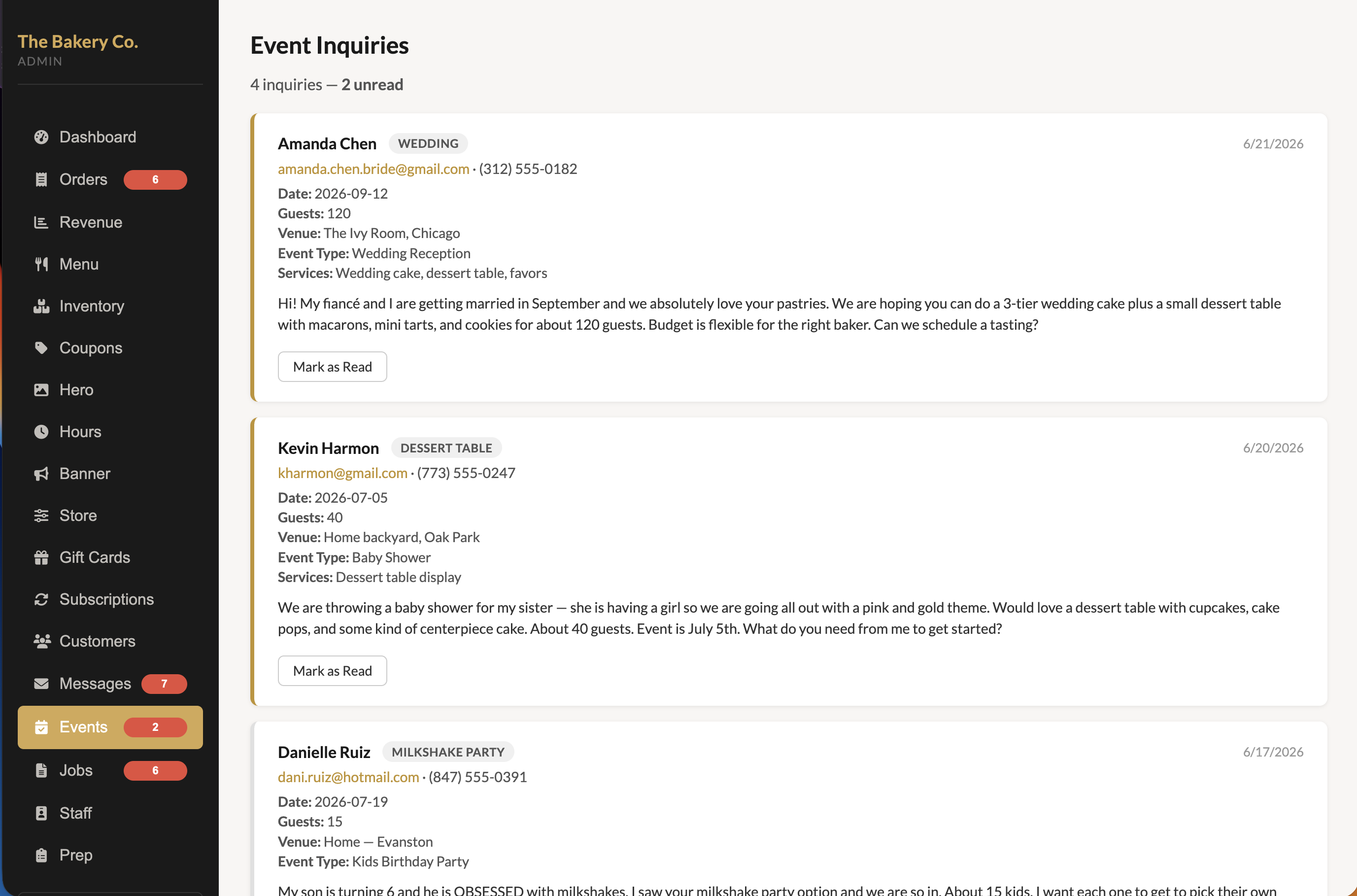 Event and catering inquiry form