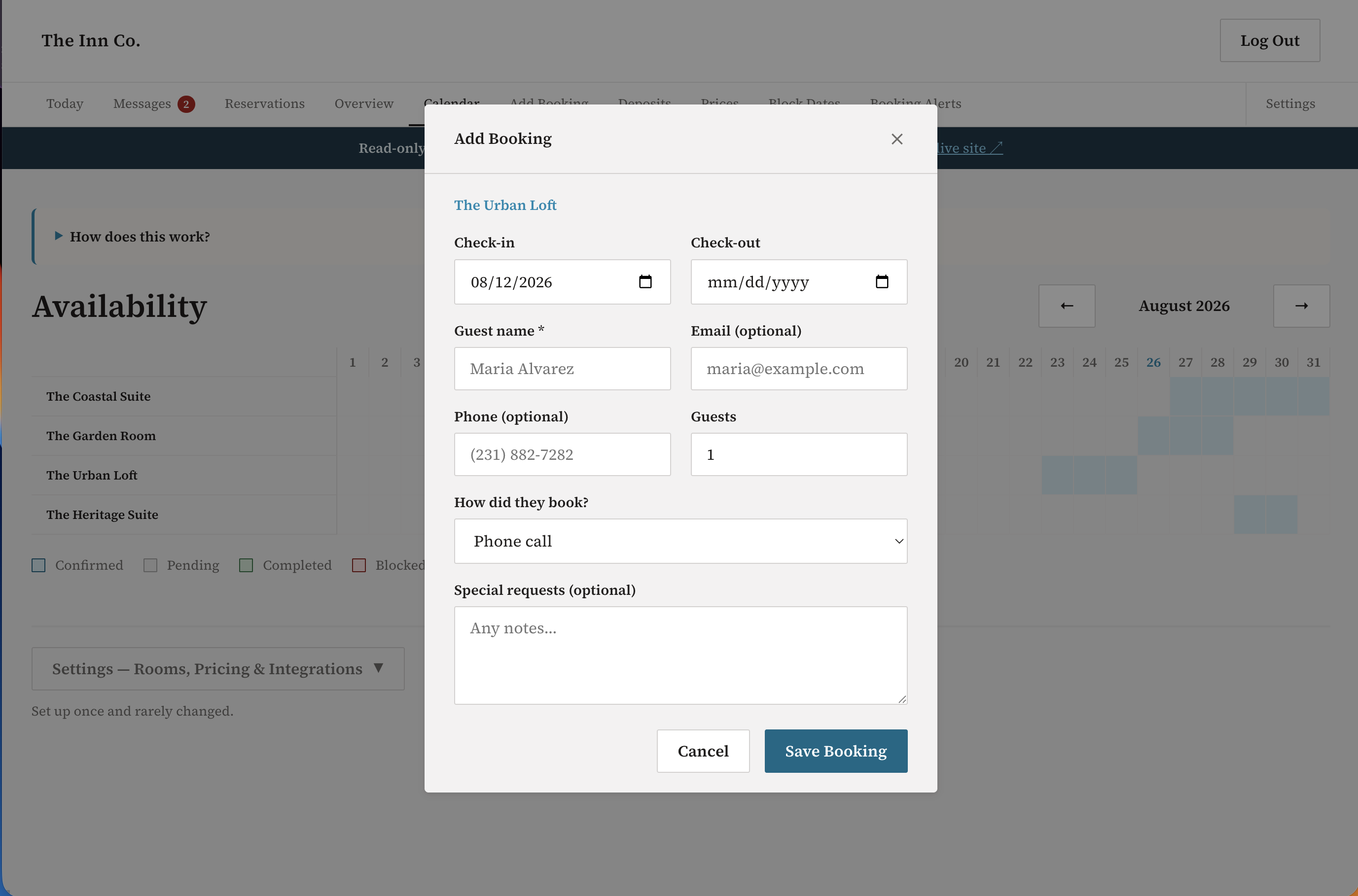 Adding a booking from the admin calendar