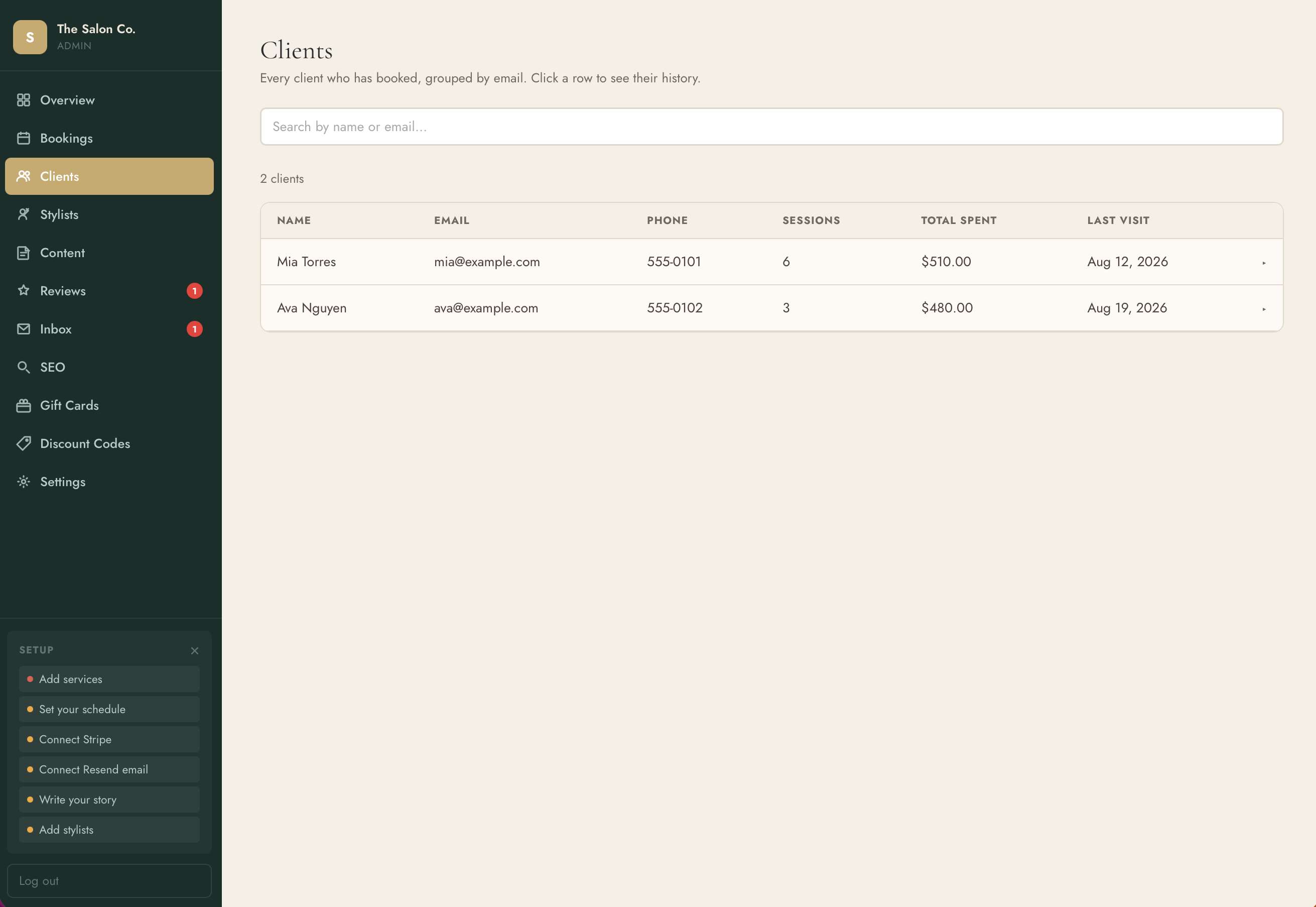 Client directory with visit history