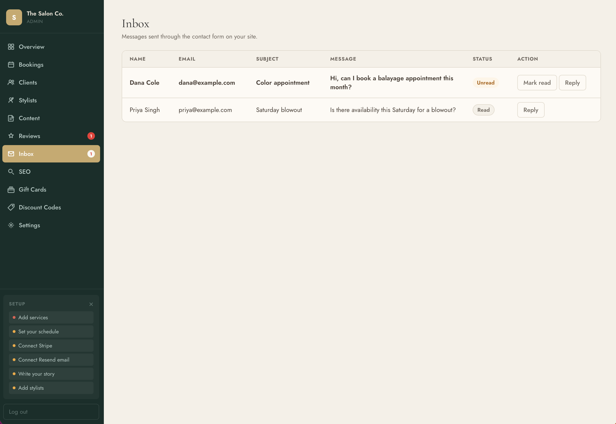 Client messages and contact form inbox