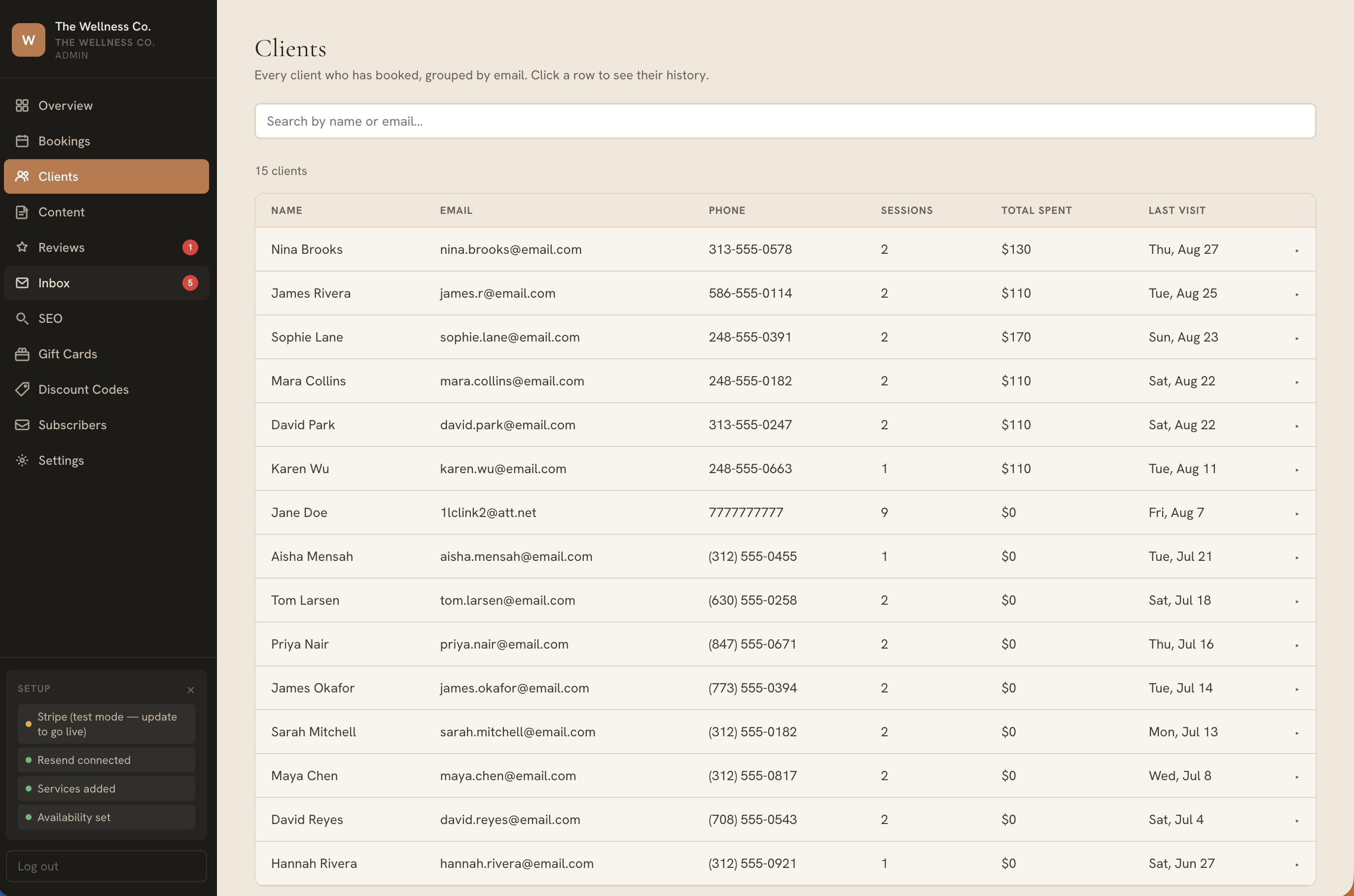 Client directory with visit history