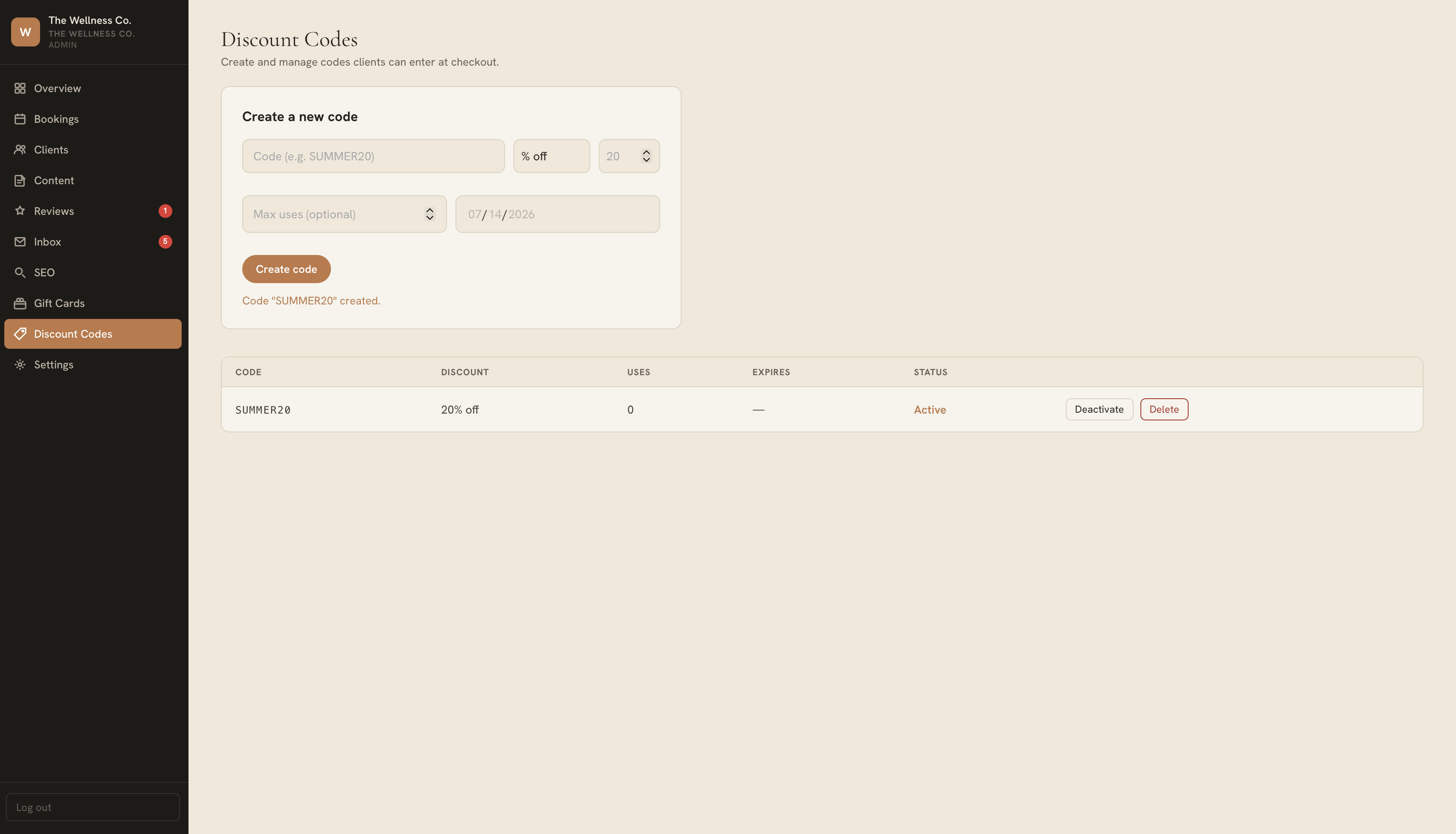 Discount codes and promotions panel