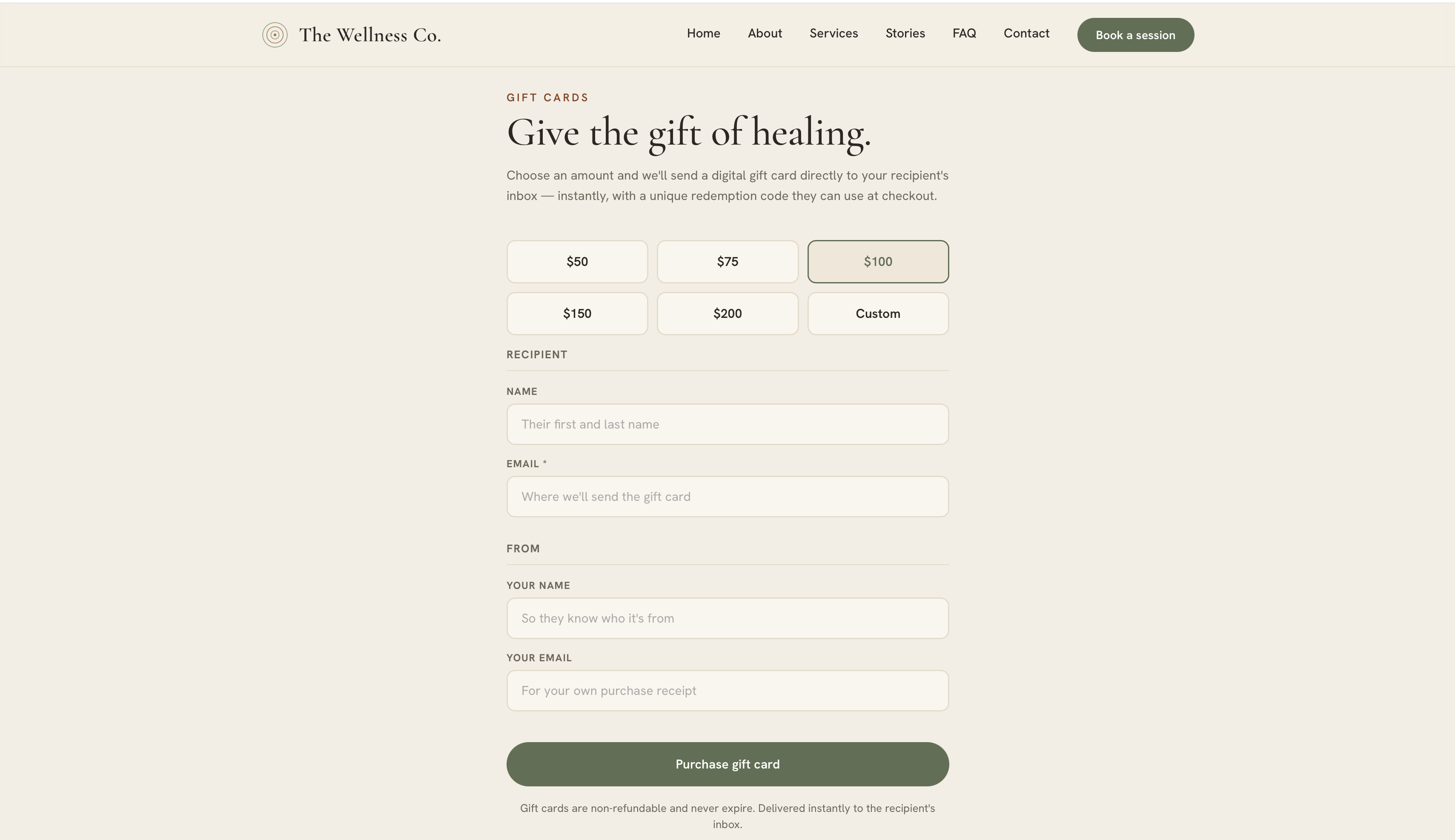 Digital gift card purchase page