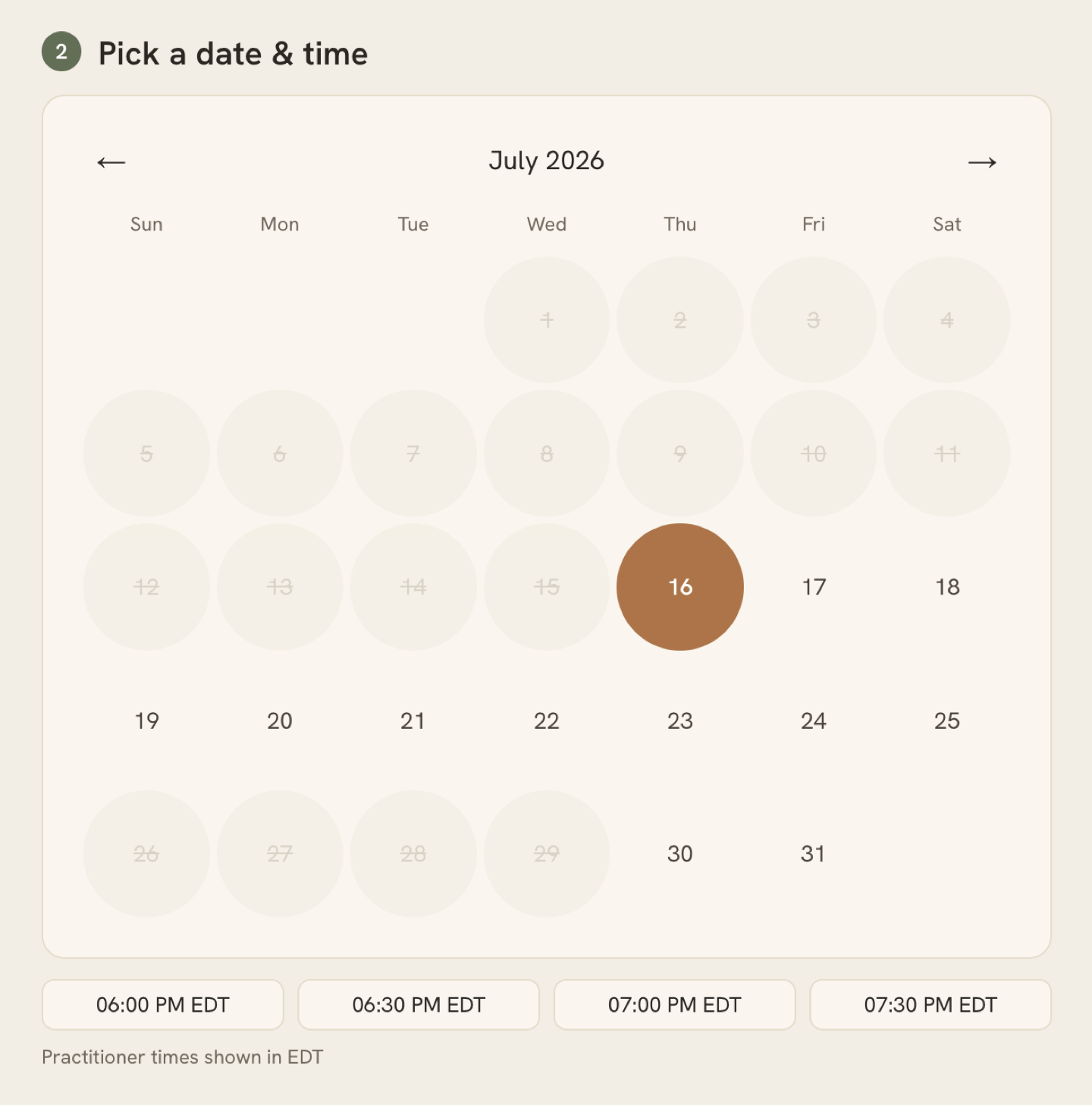 Live booking calendar
